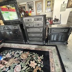 Beautiful Black King Size Dresser Set Includes Dresser, Mirror, Omar, And Oversize Nightstand Delivery