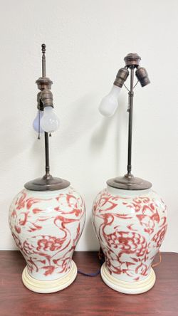 vintage Chinese porcelain ginger jar style table lamps Crane Motif 
