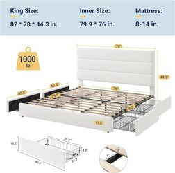Modern King Size Platform Bed Frame with 4 Storage Drawers Velvet Upholstered Headboard, Wooden Slats Support, Upholstered Mattress Foundation/No Box 