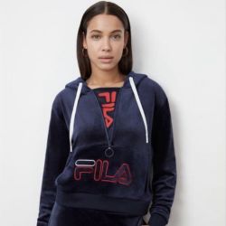 FILA Navy Blue Rosella Velvet Velour Half Zip Hoodie for Sale in