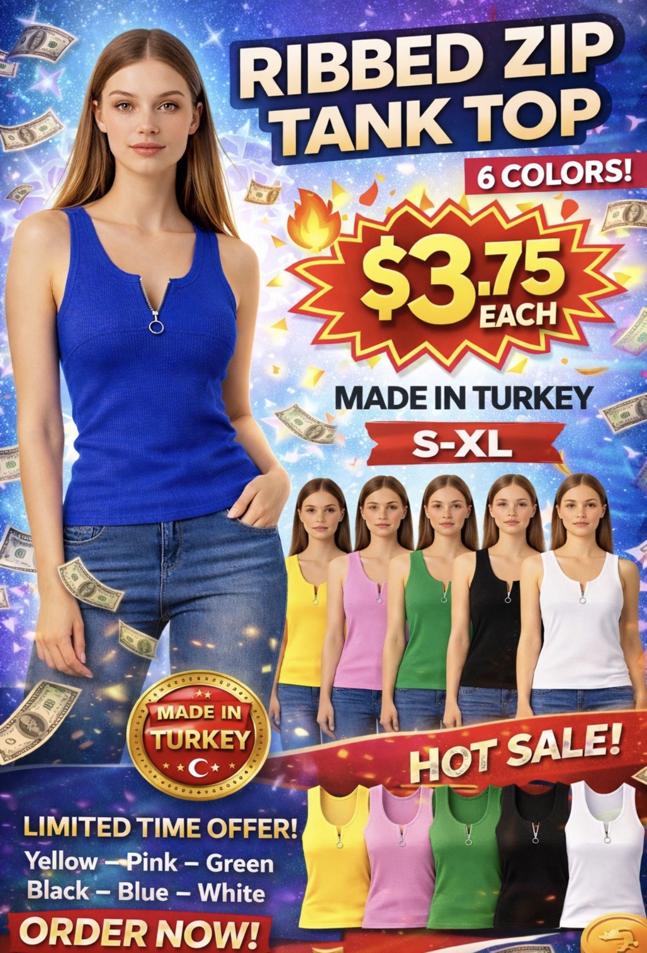 Ribbed Zip Tank Top β Front Zipper β Made in Turkey β 6 Colors β Only $3.75