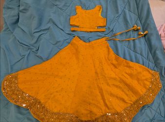 Beautiful yellow golden traditional Indian lehenga Diwali navratri girls