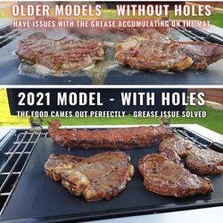 BBQ Grill Mat Non Stick - 2021 Upgraded Model With Holes - Set of 2 Heavy Duty Reusable and Dishwasher Safe Black Mesh Fireproof Topper Pads 