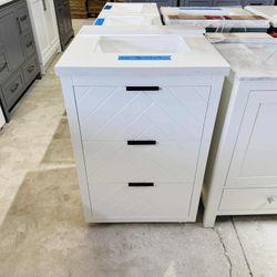 Brand New Bathroom Vanity “24” in White with 3 modern drawers and Marble Top in White  $349 