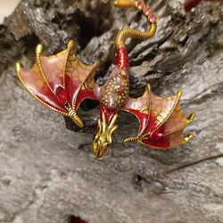 Unique Flying Jeweled Enamelled Dragon Pin/Pendant Red & Gold