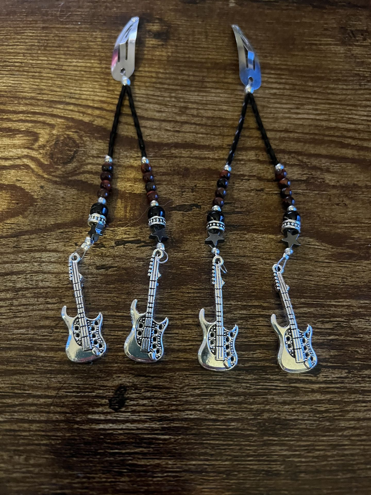 Silver Hair Clips With Beads And Guitar Charms 