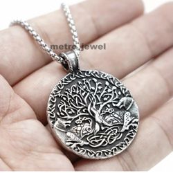Double side Mens Women’s Irish Celtic Tree of Life Wolf Knot Stainless Steel Pendant Necklace 