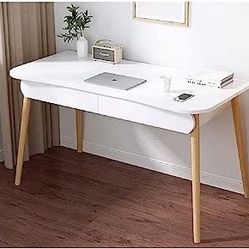 Small Computer Desk Table, Wood Writing Desk with Drawer and Hanging Rod, 39x20x30inch Study Desk, Work Desk, Wooden Dining Table White + Natural Wood
