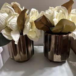 SILK FLOWERS IN BRONZE VASES (2)