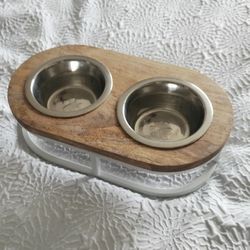 Dog Food / Water Bowl Stainless Steel Bowls Wood White  Metal