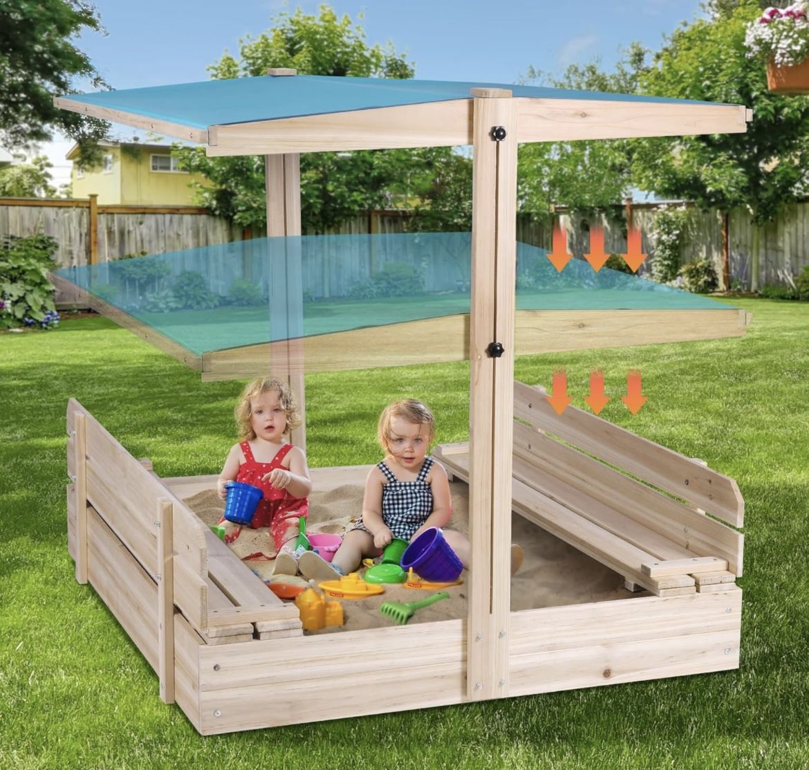 Sandbox with Lid and Cover, Wooden Cabana Sand Box with Canopy for Kids Ages 3-8, Retractable Roof, UV-Resistant Sandbox w/2 Foldable Bench Seats for