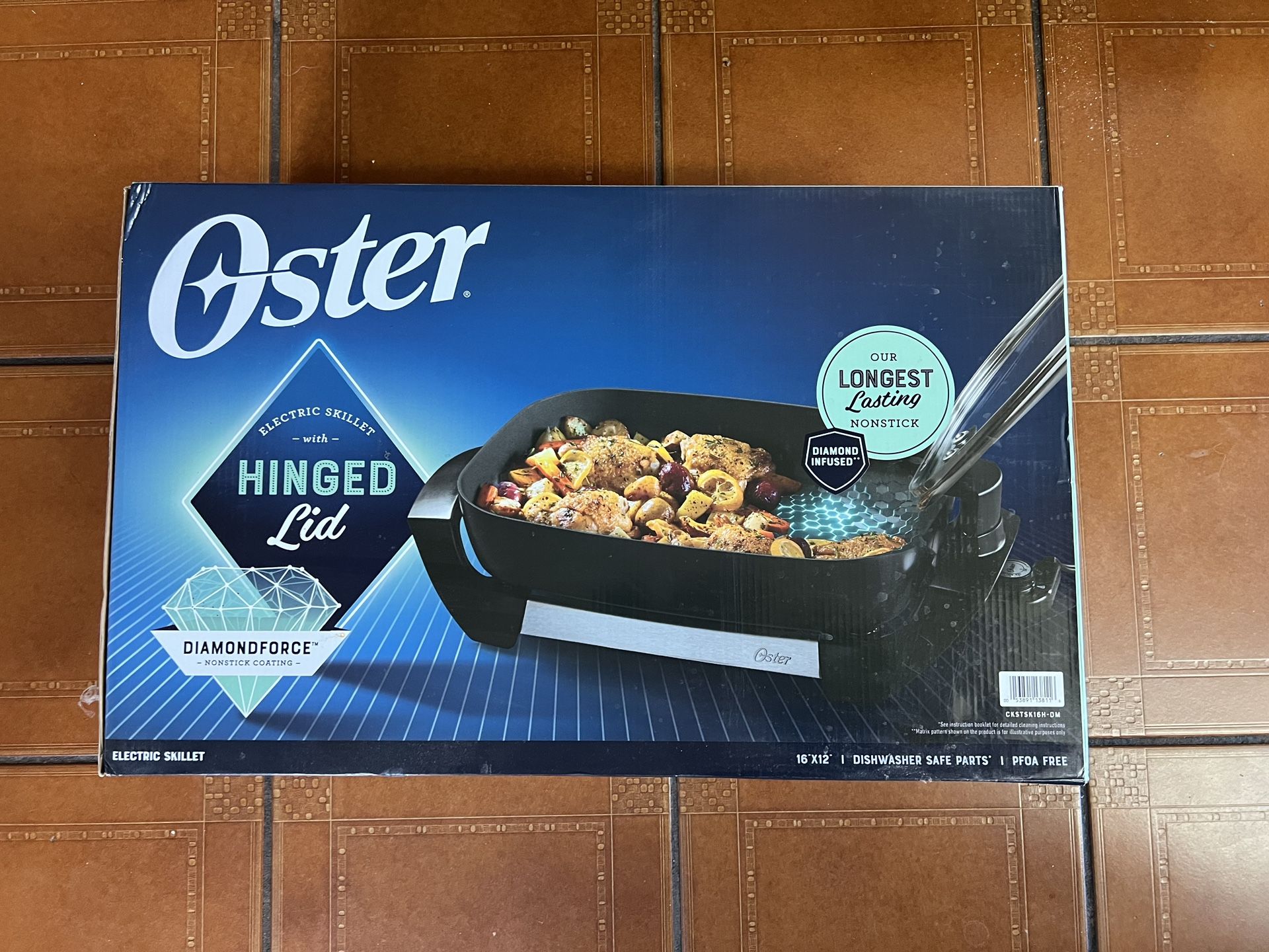 Oster Electric Skillet with Hinged Lid - DiamondForce Nonstick Coating - 16”x12”