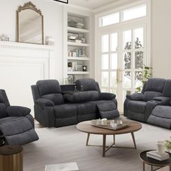 Charcoal Black Microfiber Fully Reclining Three Piece Couch Set