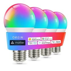 OREiN Matter Smart Light Bulb, Smart Light Bulbs Work with Apple Home, Alexa, Google Home, SmartThings, A19 Color Changing Light Bulbs 2.4Ghz WiFi, 80