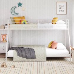 Twin over Full Low Profile Metal Bunk Bed, White 