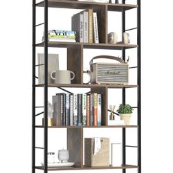  5 Tier Tall Bookshelf, Industrial Book Shelf Storage Bookcase, Open Wood Display Shelves, Corner Book Case Metal Shelving Unit for Bedroom, Standing 