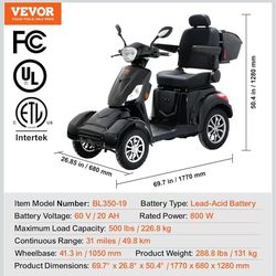Heavy-duty 4-wheel mobility scooters for seniors and adults, 500 pounds capacity, 31 miles 3-speed long-range, 800-speed recreational electric wheelch