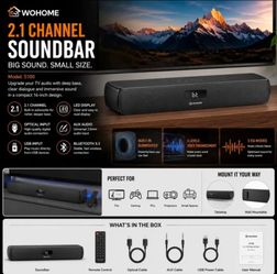 2.1 Sound Bar for Smart TV with Built-in Subwoofer, 6 Levels Voice Enhancement, 15 Inches Small TV Soundbar Speakers with Bluetooth 5.3/ARC/Optical/AU