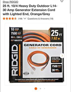 Ridgid 25 ft. 10/4 Heavy Duty Outdoor L14-30 Amp Generator Extension Cord with Lighted End, Orange/Grey new