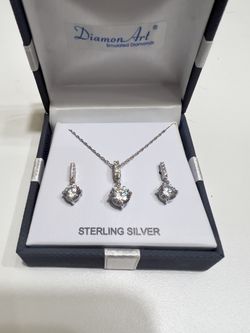 Diamonart Cubic Zirconia Sterling Silver Round-Cut Pendant Necklace And Earrings