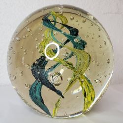 Glass Bubble Clear MURANO? STYLE Paperweight Hand Blown green & yellow swirl 