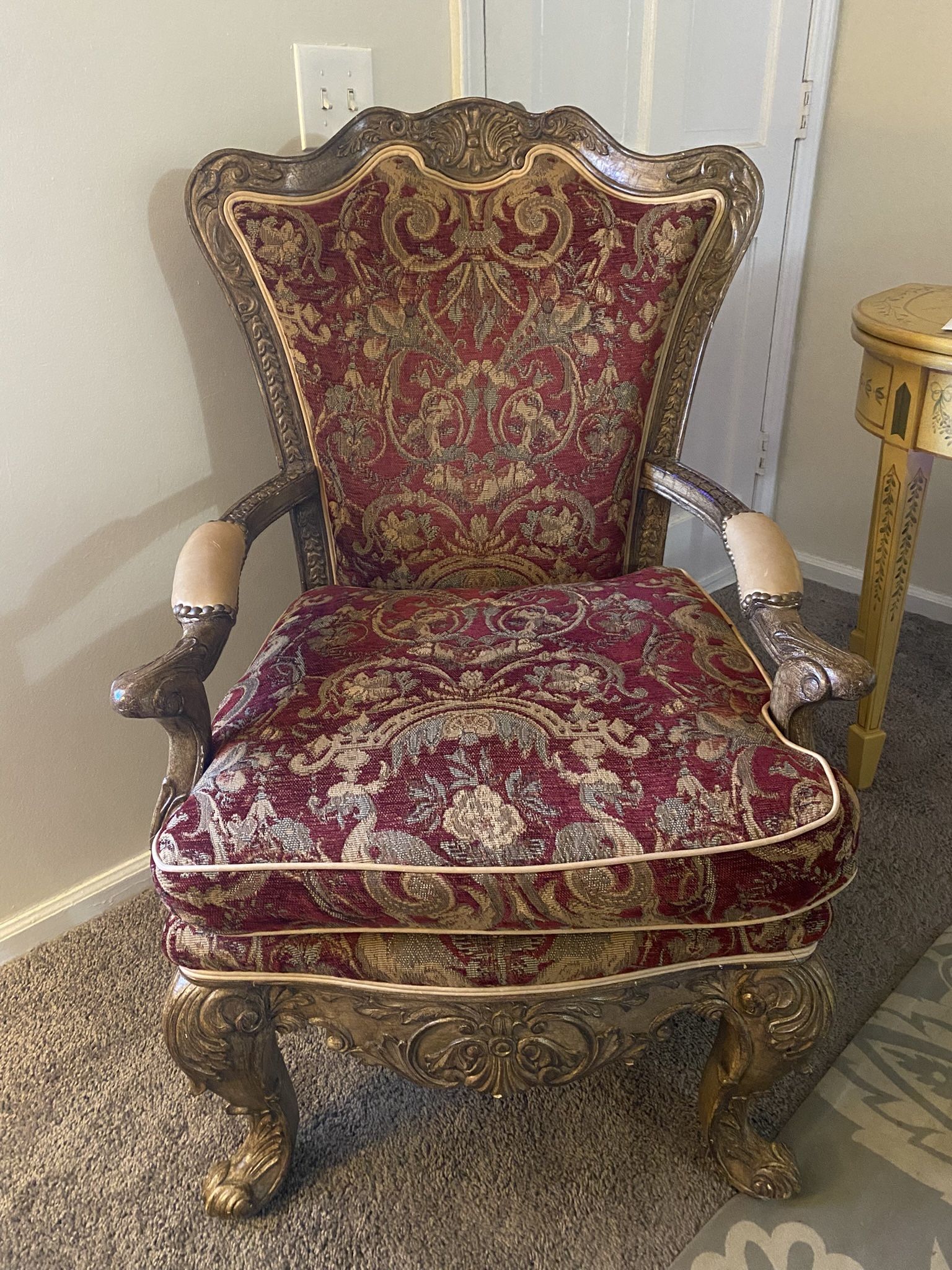 Emerson Arm Chair. Vintage, beautifully upholstered, and Detailed Woodwork
