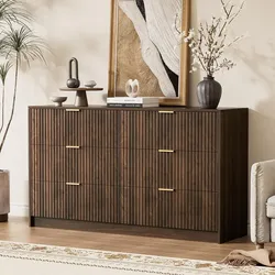6 Drawer Dresser for Bedroom 55" Wide Modern Chest of Drawers with Gold Metal Handles - Walnut