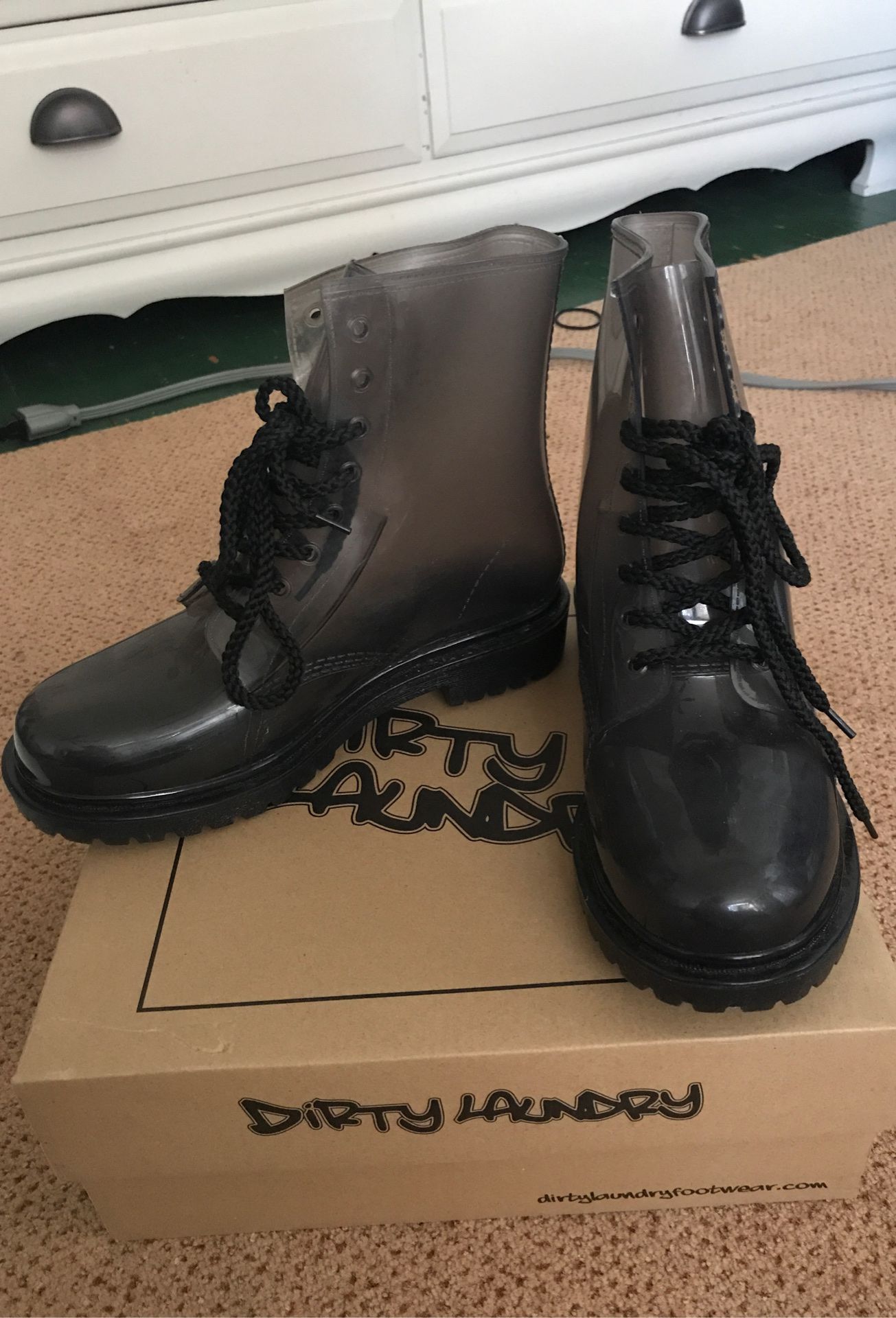 Dirty Laundry black transparent rain boots
