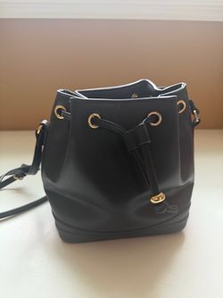 Black Leather Bucket Bag with Gold Hardware