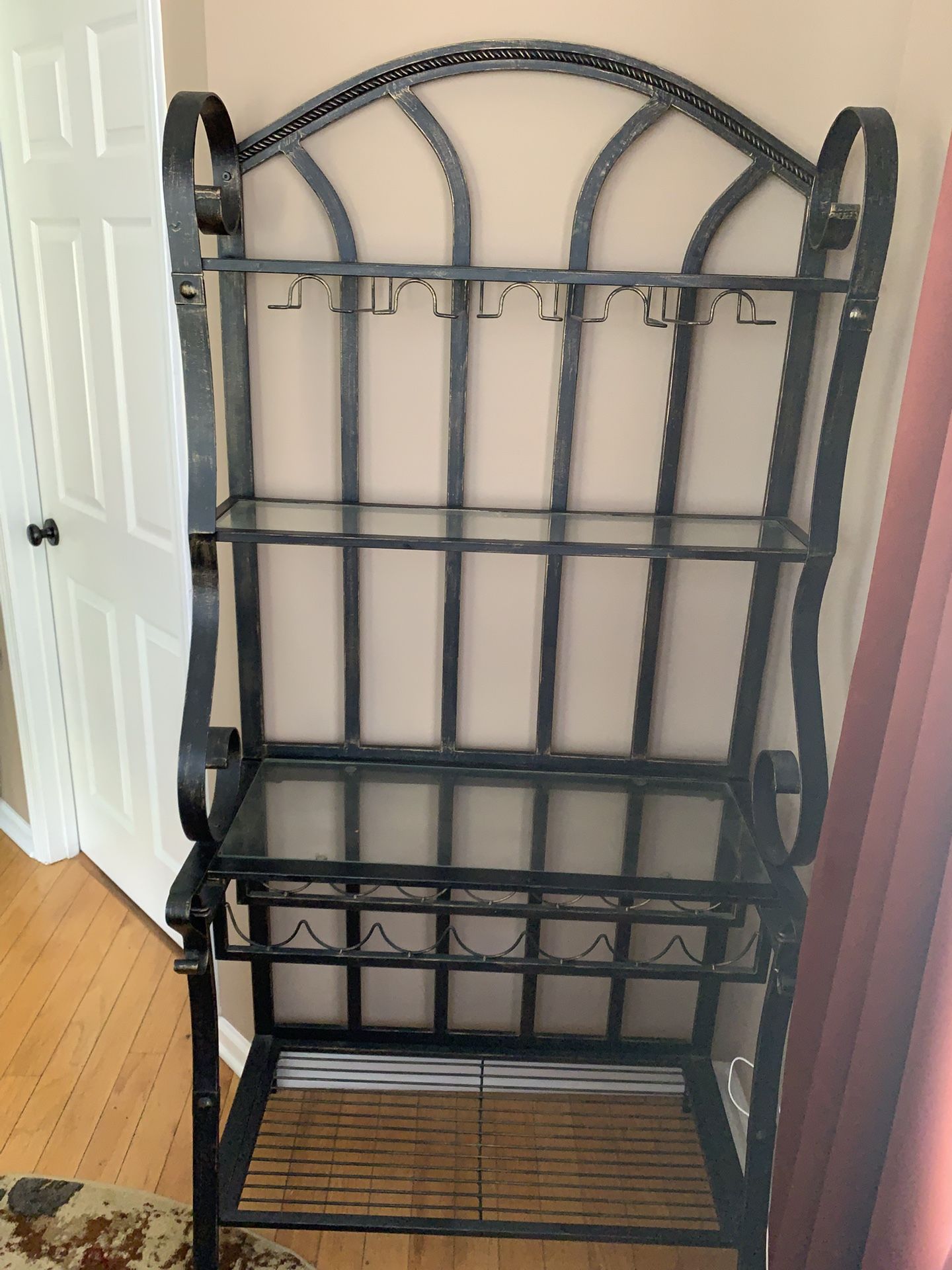 Wrought Iron Bakers Rack With 2 Glass Shelves And Wine Glass Rack