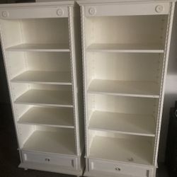  2 Solid Wood White Bookshelves w/drawers   