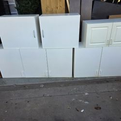 Set of 5 wood, garage utility cabinets see Description for details all for one price fully assembled 