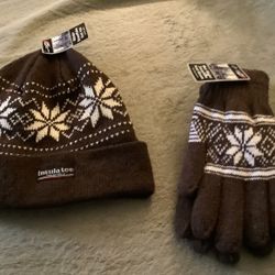 Brown Knit Snowflake Toboggan And Gloves New With Tag Unisex