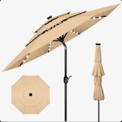 10FT 3-Tier Solar Patio Umbrella,32 LED Lights Patio Table Umbrellas With Tilt And Crank,8 Sturdy Ribs For Market, Beach, Pool, Garden, Deck, Backyard