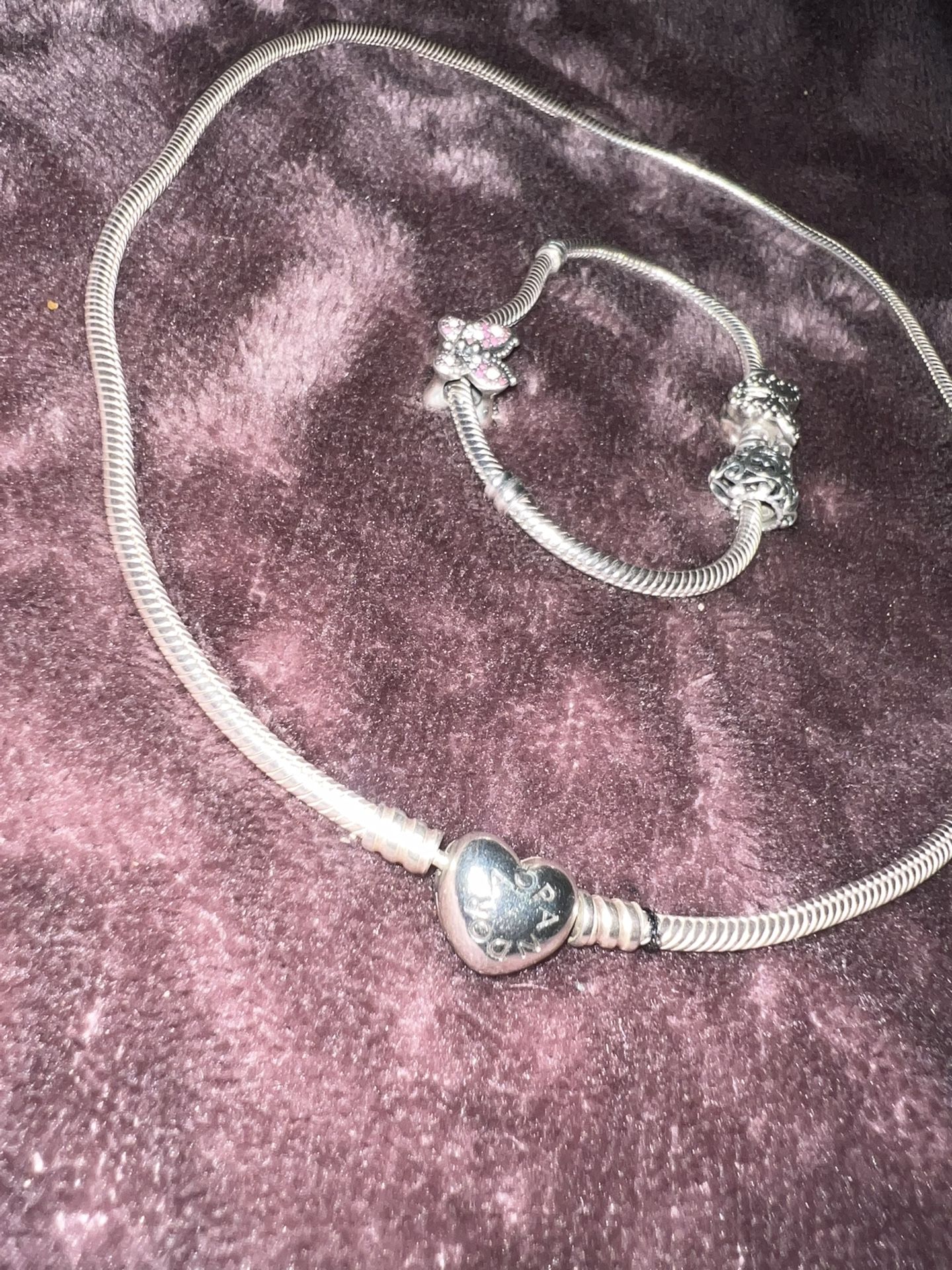 Pandora Necklace And Bracelet With Two Charms And Butterfly Clasp
