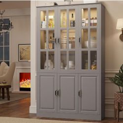 78.7" Tall Pantry Cabinet with LED Lights, Freestanding Kitchen Pantry with Glass Doors, Large Food Storage Cabinet, Grey (47.2" W x 15.7" D)