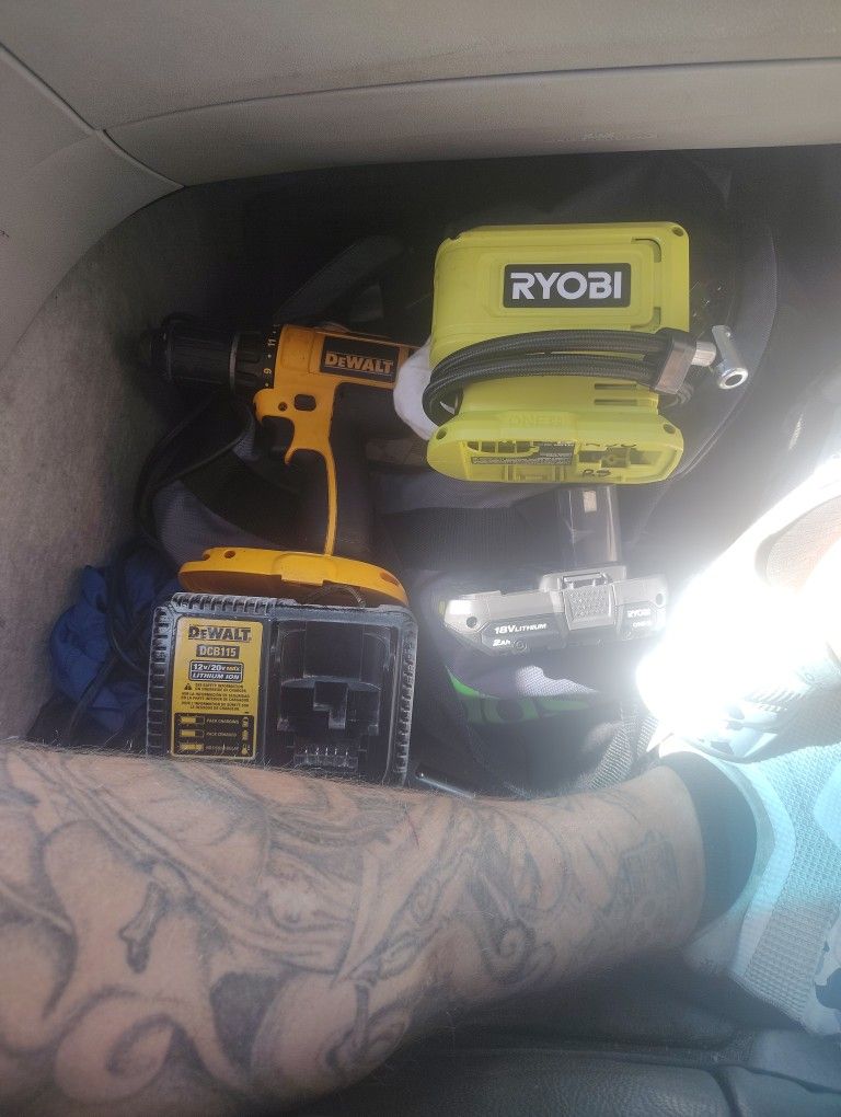 DeWalt Drill And Battery Charger And Ryobi Air Pumb And Battery