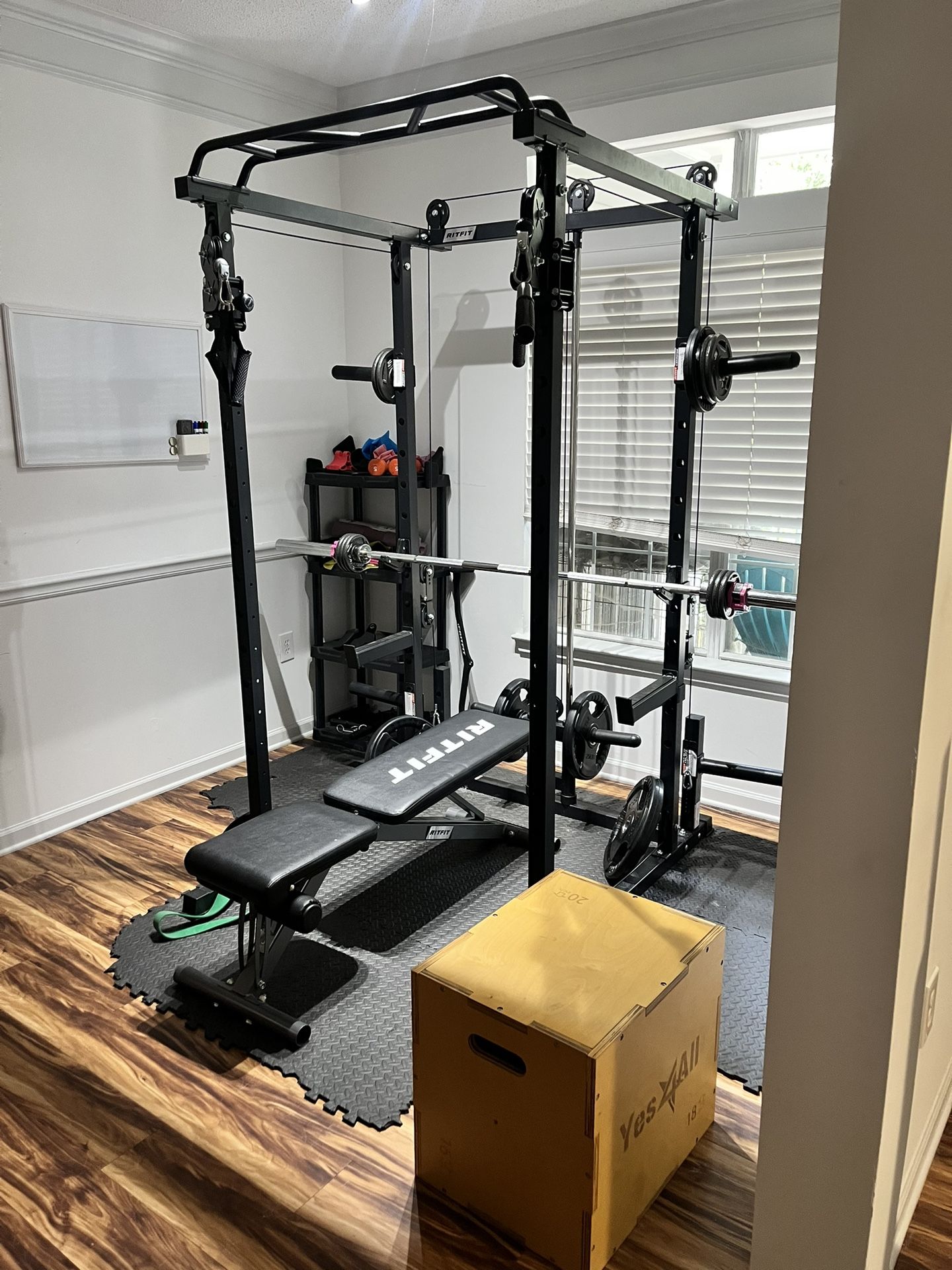 Power Cage Home Gym- cables, barbell, Lat Pull Down, Squat Rack Etc.