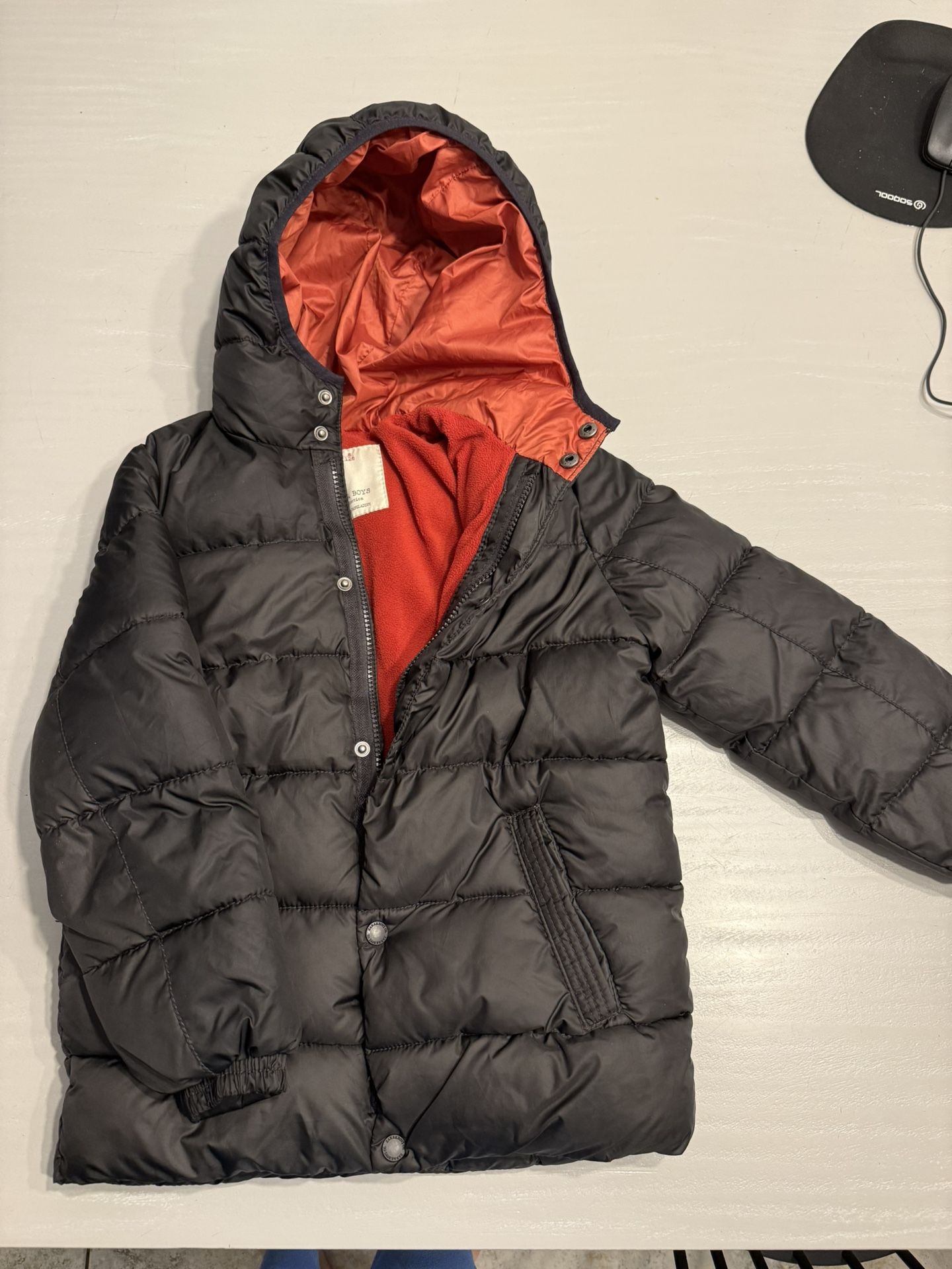 Zara Boys Black Hooded Puffer Coat Fleece Lined Size 8