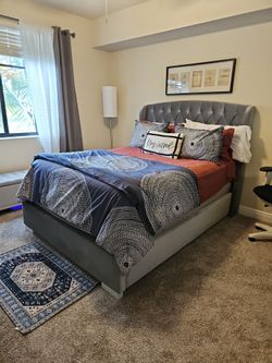 Beautiful queen size stiching gray velvet bed with 2 mattress for extra high quality