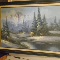 Framed Mountain And Pine Tree Painting 