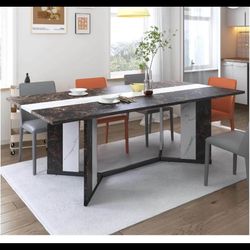 71" Luxurious Marble Dining Table for 6-10 People, Modern 6ft Large Gaming Computer Desk Family Rectangular Dinner Table with Adjustable Leg(Marble Br