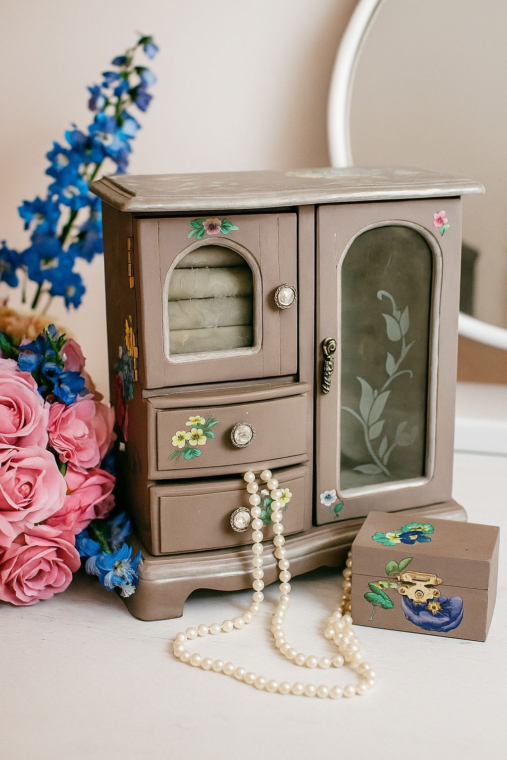 Painted Vintage Wooden Gray Jewelry Box with Bonus Trinket Box