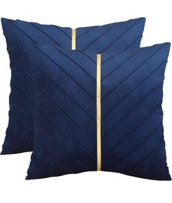 Tosleo Navy Blue Velvet Throw Pillow Covers 18 x 18 inch Pack of 2 with Gold Leather Christmas Decorative Couch Pillowcases Luxury Modern Pillow Cover