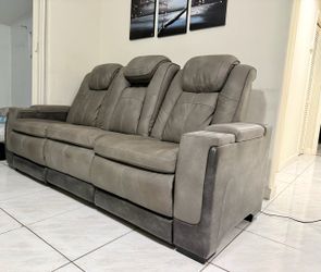 Gray Leather Power Reclining Sofa with Headrests