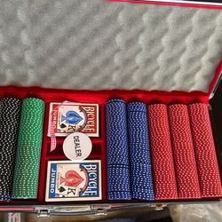 Poker Chips And Poker Cards With Dealer Chip  With A Two Bicycle Jumbo Sealed Playing Cards 