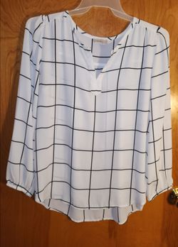 LOFT White Grid Print Long Sleeve Blouse