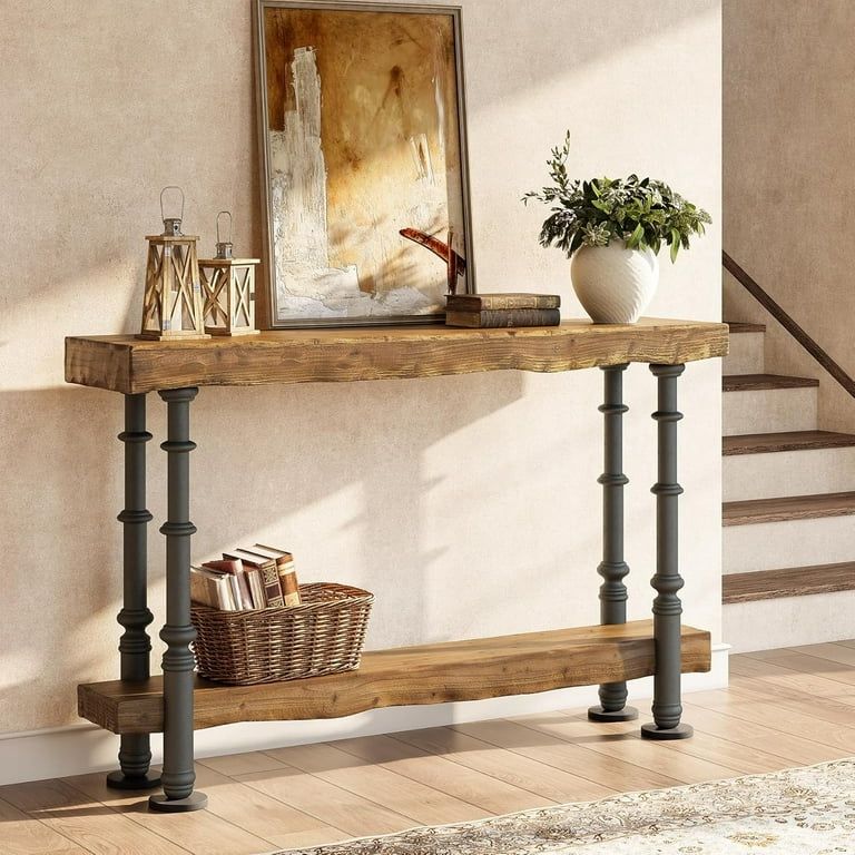 Solid Wood Console Table, 55" Industrial Sofa Table with Shelf