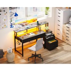 Computer Desk with 4 Drawers, 48 Inch Reversible Desk with Led Lights & Power Outlet, Office Desk with File Drawer & Monitor Stand, Work Table for Hom