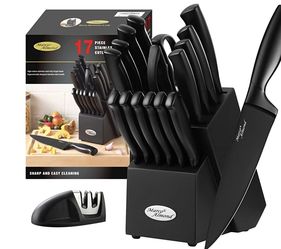 Kitchen Knife Set Dishwasher Safe MA23 Black Knife Set, Marco Almond® 17 Pieces Stainless Steel Kitchen Knife Sets with Block and Sharpener